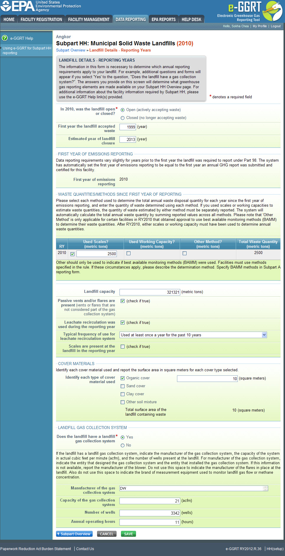 Subpart HH: Landfill Details - Reporting Years